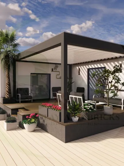 An angled 3D view of a raised deck with a modern pergola. This design showcases how a change in level can create a distinct and elevated zone for lounging or dining.