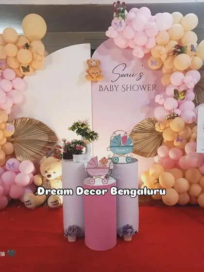 A cute and modern pastel-themed baby shower. The balloon arches, teddy bears, and a "Boy or Girl?" gender reveal sign make this a fun and interactive setup.