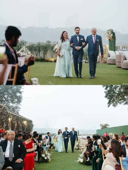 A collage of the groom's entrance, capturing the moment from different angles as he walks with his parents.