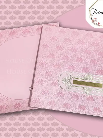 A premium pink invitation with a lotus pattern and a silver and gold nameplate, offering a luxurious and modern design.