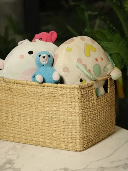 Our woven baskets are perfect for stylish home organization. Here, a rectangular seagrass basket is used to neatly store soft toys and pillows, demonstrating its versatility as a chic and practical storage solution for any room.
