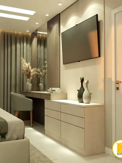 The TV and dressing area of the same bedroom, featuring a floating console and a vanity with a large mirror.