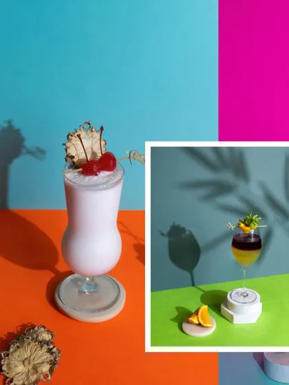 A creative collage of two different cocktails, a creamy pina colada and a layered drink, showcasing variety in a single, dynamic image.