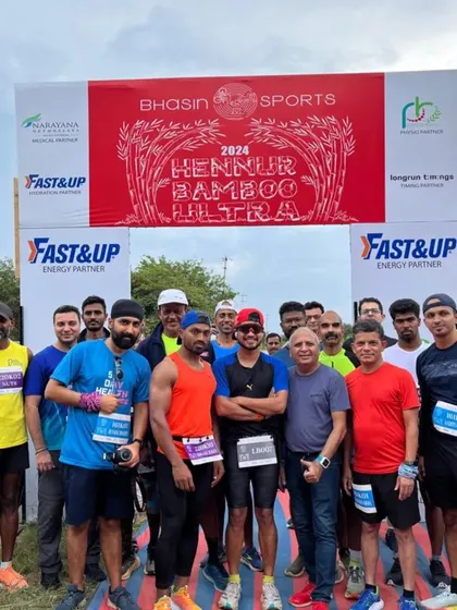 The starting line buzz at the Hennur Bamboo Ultra. We partner with top brands like Fast&Up and Narayana Nethralaya to ensure our runners have the best possible support, from energy and hydration to medical and physio care.