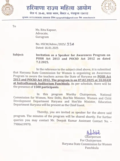 An invitation to speak at a large-scale awareness program on the POSH and POCSO Acts for 1500 teachers, organized by the Haryana State Commission for Women.