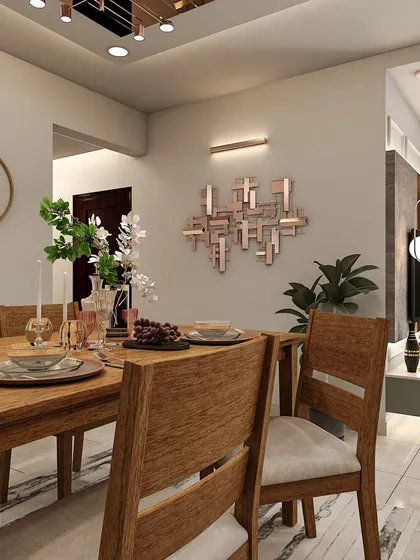 A luxurious dining room with a solid wood table and a statement metal wall art piece. The design is both elegant and inviting, perfect for formal dinners.
