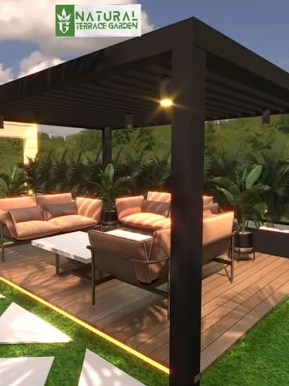 A close-up of the proposed pergola seating area in the front yard design. The raised wooden deck is surrounded by greenery, creating a private oasis.