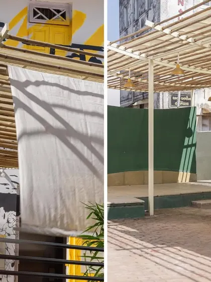 **Basera Community Plaza, Ahmedabad:** 'Basera' is a public plaza we designed for a women-led organization in a dense urban area. The simple pavilion uses a bamboo lattice under a translucent roof to diffuse sunlight and provide a versatile framework for community activities.