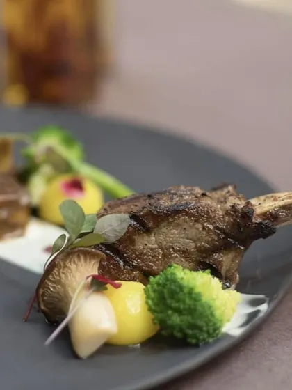A beautifully plated duo of lamb, showcasing modern culinary techniques applied to a classic ingredient. Served with broccoli and potato puree.