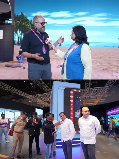 Our founder being interviewed at the WAVES summit, with our virtual beach environment displayed on the LED wall behind him. The bottom image shows our team giving a tour of the technology to officials.