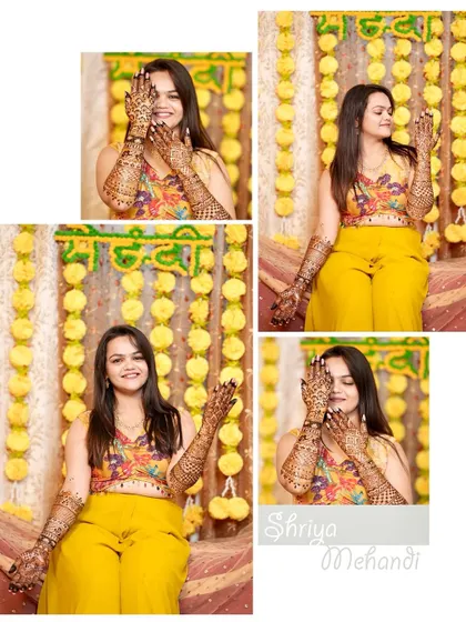 A collage capturing the fun and happiness of a Mehandi ceremony. The bride's multiple poses and bright smiles tell a story of excitement for the wedding.