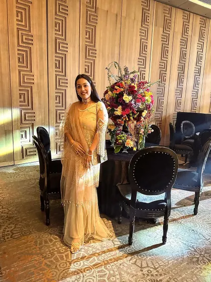 This beautiful pearl overlay sharara outfit is perfect for an evening event. The pearls and thread tassels are designed to sway gracefully with every movement.