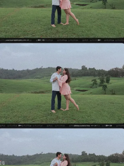 A film-strip collage of a couple sharing a kiss in a vast green meadow.