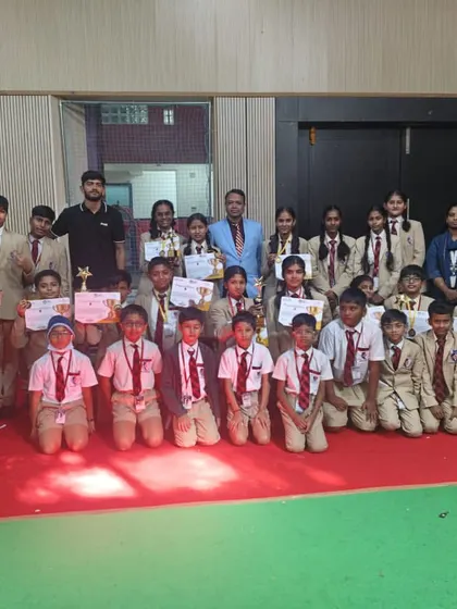 A group photo of all our Robozest 2.0 award winners. Their success across multiple categories is a testament to their hard work and the guidance of our dedicated mentors.