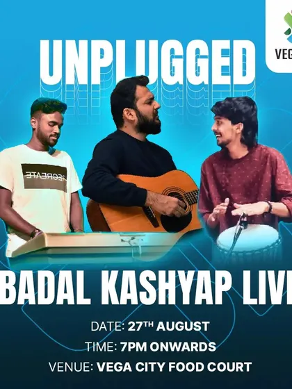 This poster for an 'Unplugged' live event at Vega City shows a trio setup. I can adapt my performance for any setting, including corporate events and public spaces.