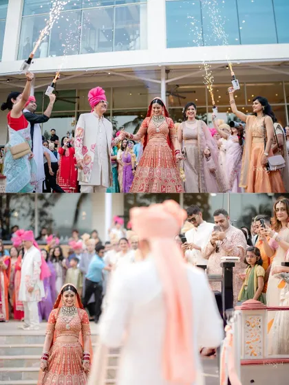 The bride's emotional and beautiful entrance towards the groom, with family members celebrating with sparklers.