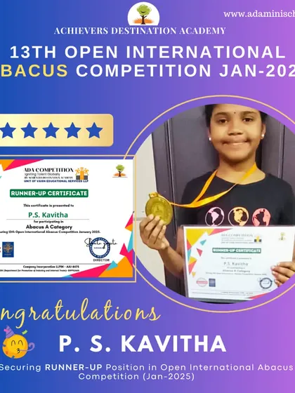 Congratulations to P.S. Kavitha for securing a runner-up position in the Open International Abacus Competition. Her hard work and dedication have paid off!