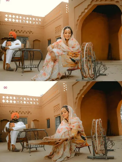 Another angle from the Punjabi village shoot, capturing a candid interaction and the beautiful details of the setting.
