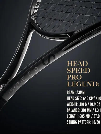 The detailed specifications of the Head Speed Pro Legend. This information is crucial for advanced players looking to match a racquet's balance, weight, and head size to their specific playing style.