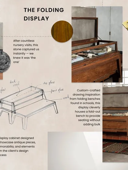 A mood board for a custom folding display cabinet at the Eka store. Inspired by old school benches, this piece cleverly houses a fold-out bench, providing seating without adding bulk, and serves as a display for antique memorabilia.