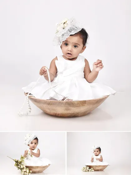 A collage of a 9-month-old baby girl in a classic, all-white setup, looking elegant and angelic.