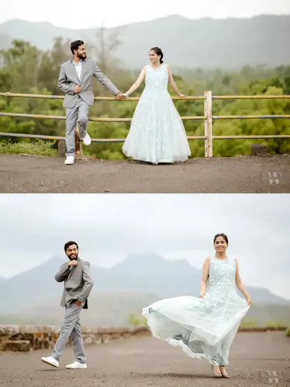 A playful and elegant shoot with the mountains as a stunning backdrop. The bride's flowing gown and the couple's joyful interactions create a beautiful contrast.