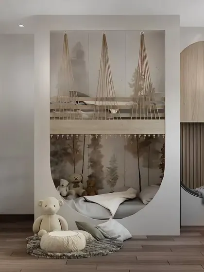 A unique and imaginative kid's room with a custom-built bunk bed structure. The lower bunk is a cozy reading nook, while the upper bunk has a playful, nest-like barrier.