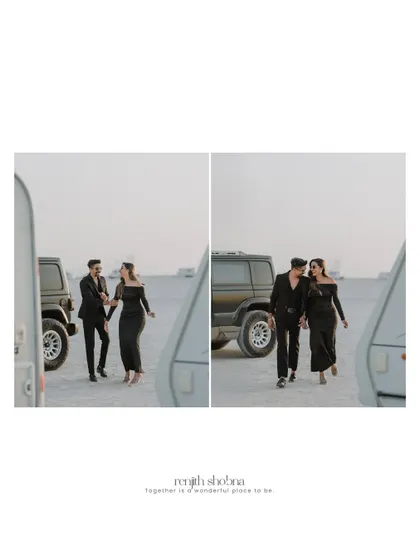 A beautifully designed album spread featuring two images of the couple walking hand-in-hand in the desert, capturing their journey together.