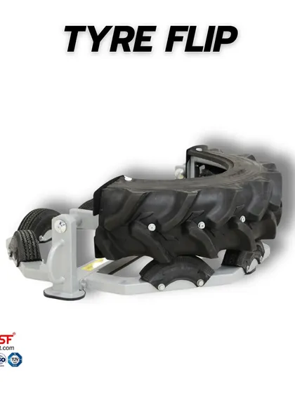 A side view of our patented Tyre Flip machine, a safe and space-efficient alternative to traditional tyre flipping.