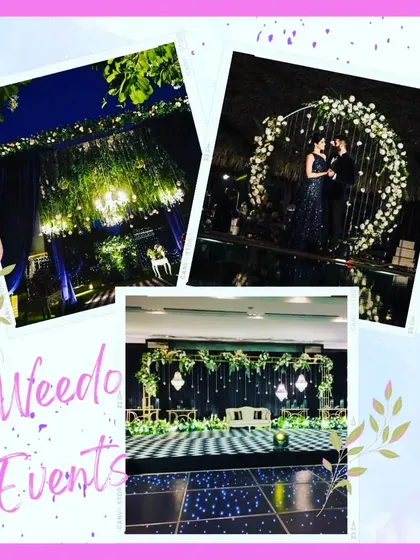 A collage showing various elegant reception and cocktail setups. It highlights my work with floral arches, LED dance floors, and dramatic lighting for night events.