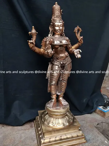 A large sculpture of Bhuvaneswari, seen here in our workshop during the final stages of production. The piece has been cast and is now being meticulously finished by our artisans.
