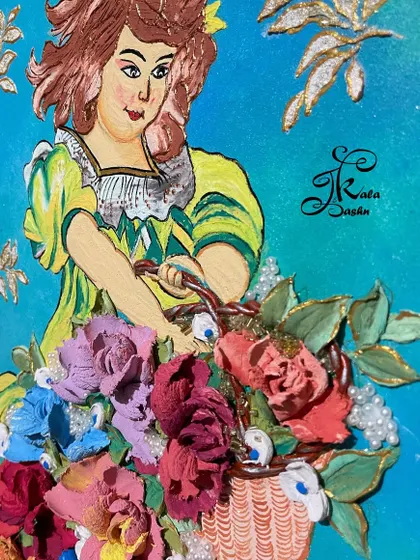 A detail shot of the girl's face and the top of the flower basket, showing the blend of painting and sculpture.