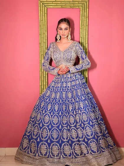 A final full-length view of the stunning royal blue lehenga.