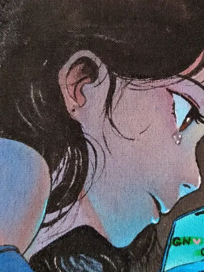 A detailed shot of the girl in my anime-style couple painting. I love capturing emotion in this style, from the single tear to the glow of the phone screen.