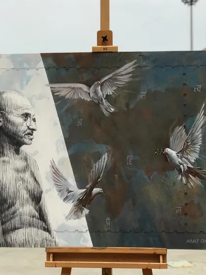 A conceptual painting of Mahatma Gandhi, created for a National Artist Camp in Ahmedabad. The doves symbolize his message of peace, truth, and non-violence.