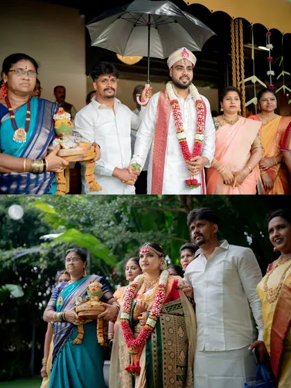 The bride and groom's entry, surrounded by their parents. A touching moment that signifies the union of two families.