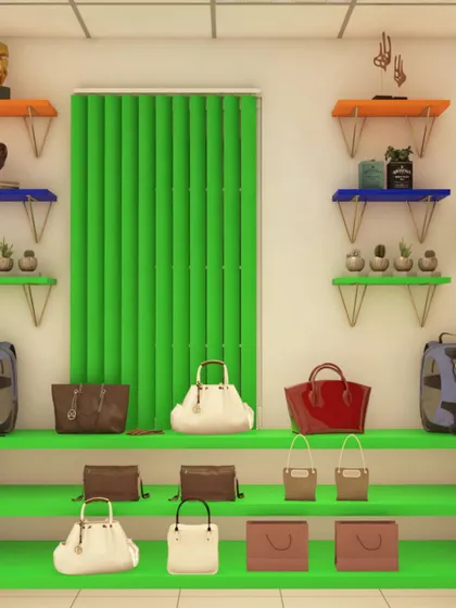 Here, I designed a flexible shelving system for accessories like handbags. The bright green shelves are staggered at different heights to create visual interest and allow for products of various sizes to be displayed effectively.