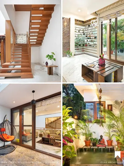 This collage presents multiple views of the Twin Courtyard House, highlighting the staircase, informal seating areas, and outdoor patios. It shows how we create various cozy nooks within a larger open design.