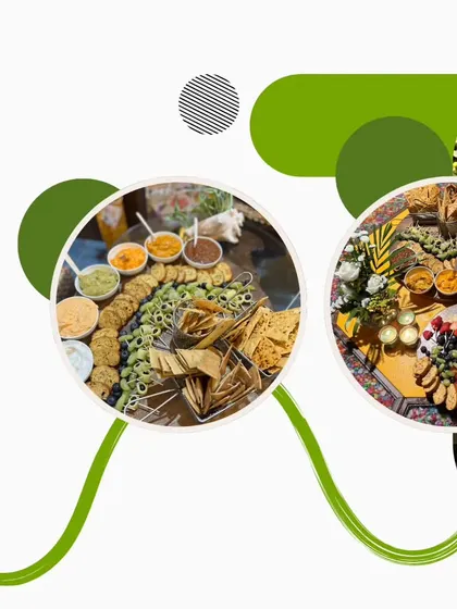 A collage showcasing our versatile grazing platters, perfect for housewarming parties. We offer a variety of crackers, dips, and cheese arrangements to suit any taste.
