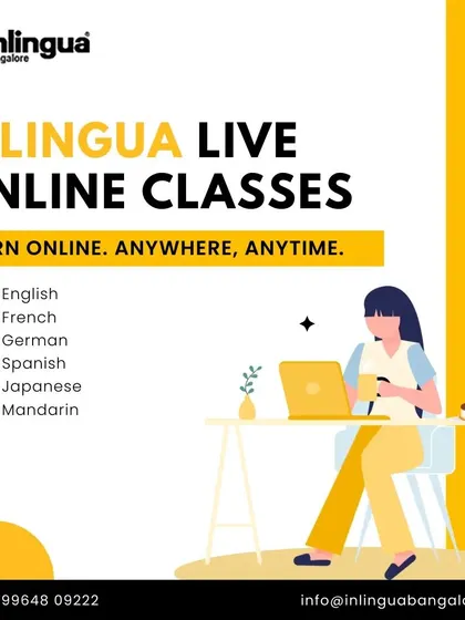 Learn online, anywhere, anytime. This graphic showcases the variety of languages we offer through our live online classes, including English, French, German, Spanish, Japanese, and Mandarin.