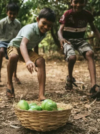 A candid shot of children excitedly gathered around a basket of fresh mangoes, evoking childhood summer memories.