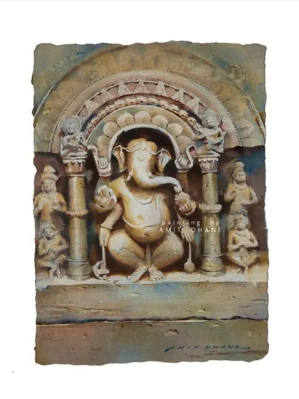An early Ganesha painting from my stone series, created in 2010. This piece shows my initial explorations into capturing the form and texture of stone sculptures with watercolour.
