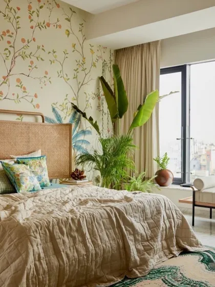 A beautiful bedroom featuring a custom spring garden mural. The soft colors and botanical elements create a serene and refreshing atmosphere, making the wall a stunning focal point.