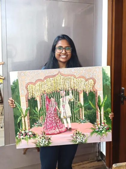 A proud moment in my studio with the finished painting from the ITC Maurya wedding. The details are all complete and it's ready for its new home.
