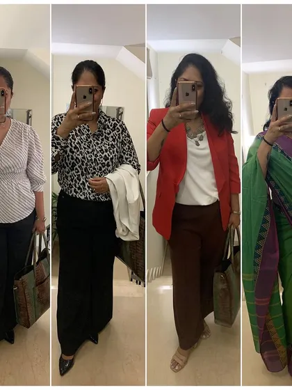 Here's a look at what I wore last week. My outfits range from a striped wrap top and an animal print shirt for client meetings to a bright red blazer for a pop of color and a beautiful green saree for an event.