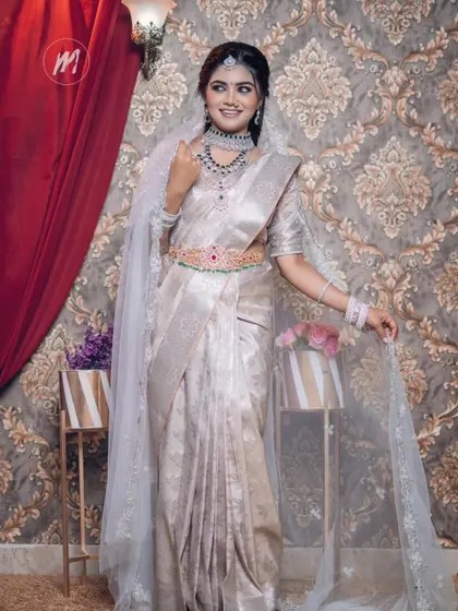 A full-length view of the silver saree look, showing its unique shine and the elegant way it drapes.