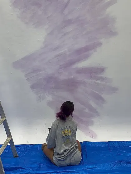 The quiet beginning of a new, large-scale piece. Just me, a blank canvas, and the first few strokes of color.