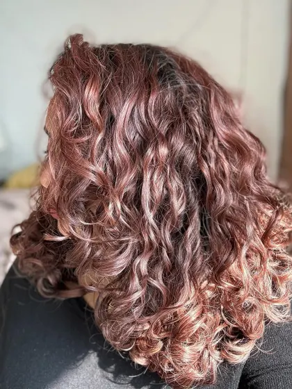 A collection of my other no-bleach balayage and color work, showcasing a variety of tones from subtle browns to vibrant reds on different curl types.