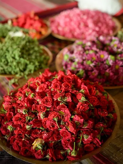 Bowls of fresh rose petals and sacred leaves ready to be offered during the Rama Tarak Homa. The use of natural elements like flowers is central to our Vedic worship.