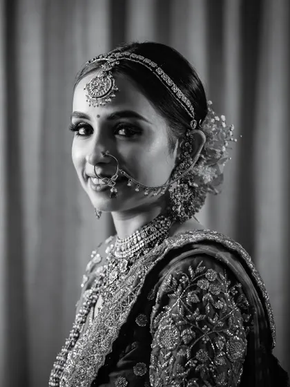 A beautiful black and white portrait of the bride, her smile radiating happiness. The monochrome effect gives the image a timeless and classic feel.